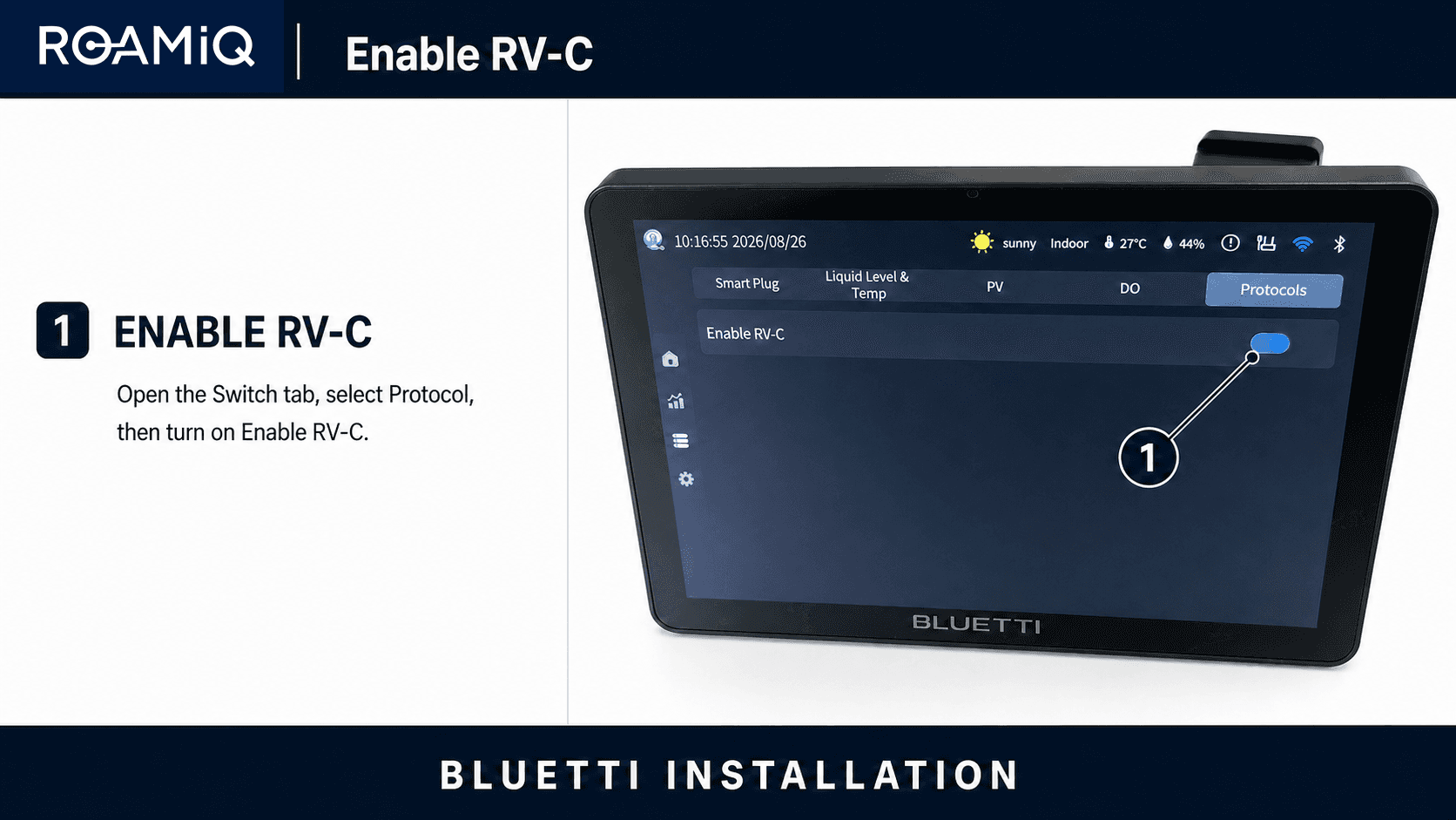 BLUETTI EPAD Protocols screen with the Enable RV-C setting toggled on