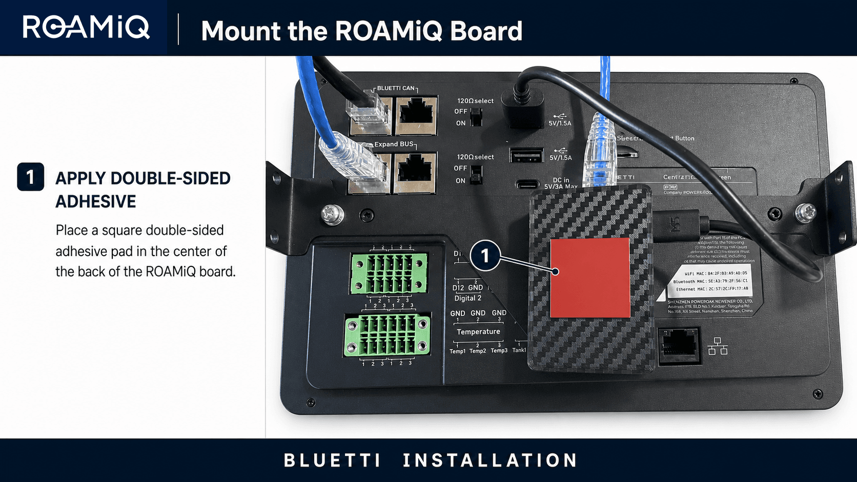 ROAMiQ Chip mounted to the back of the BLUETTI EPAD with a square double-sided adhesive pad