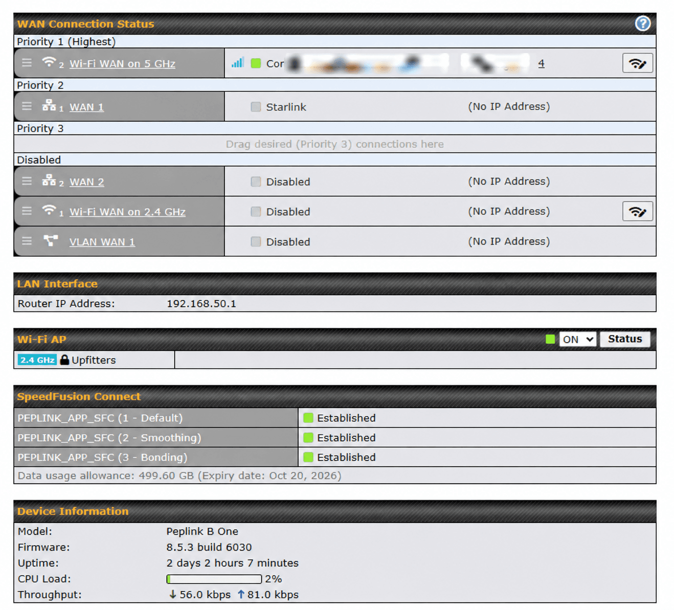 WAN connection priorities with Wi-Fi WAN first and backup WAN second