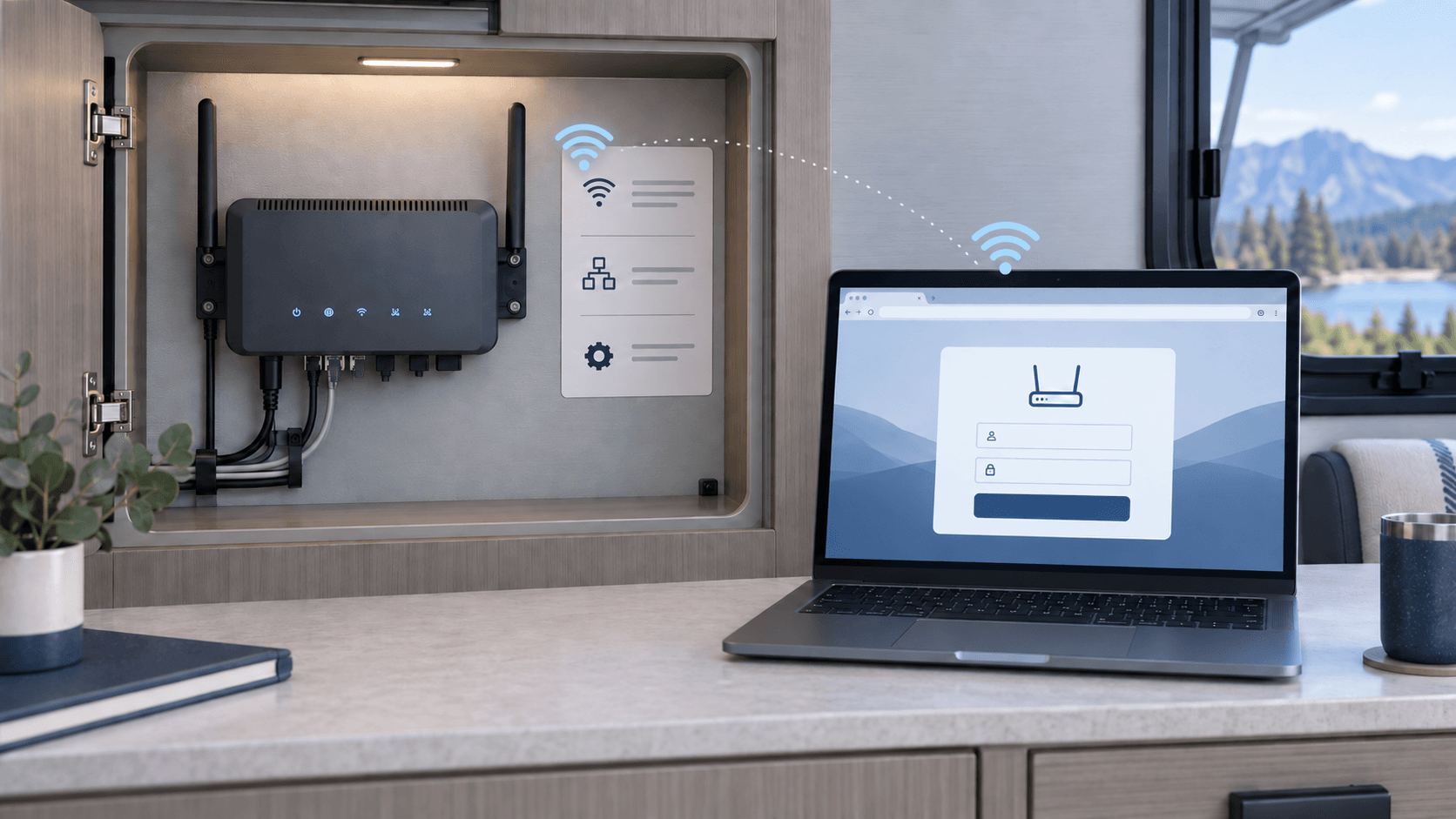Router setup label, Wi-Fi connection, and generic admin sign-in page