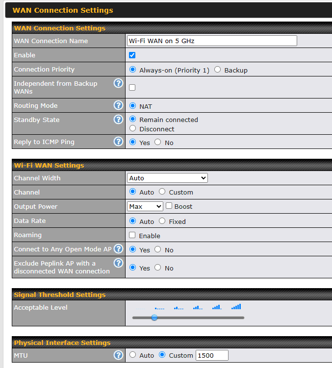 Peplink Wi-Fi WAN on 5 GHz and physical interface MTU settings