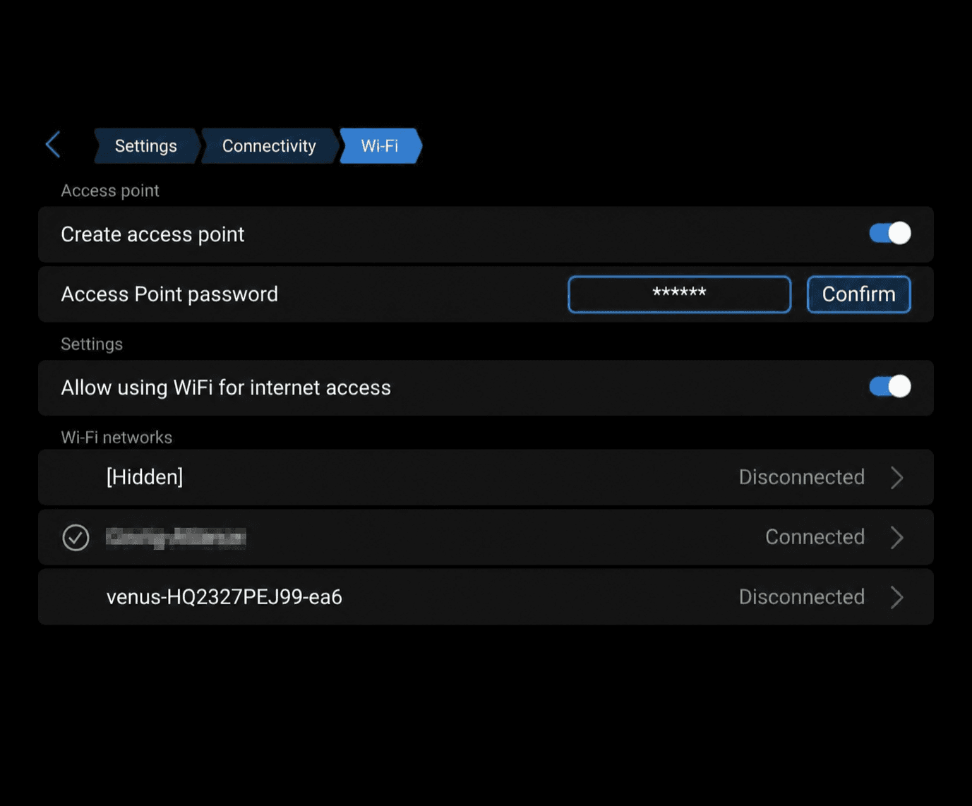 Cerbo GX Wi-Fi settings showing a connected network with its name blurred