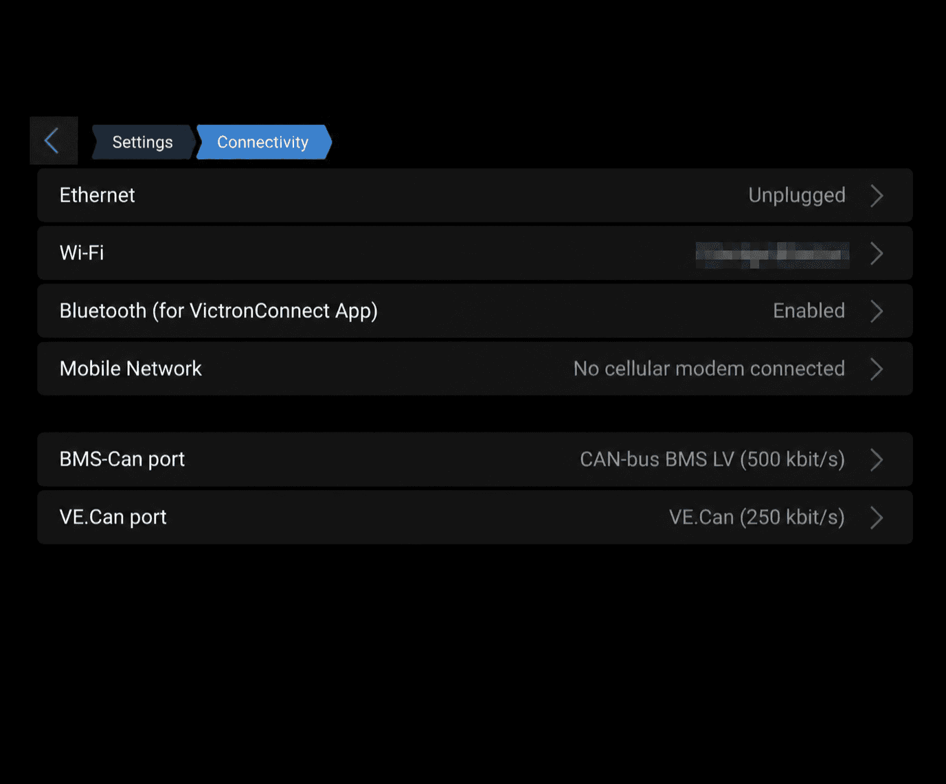 Cerbo GX Connectivity menu with Ethernet and Wi-Fi options