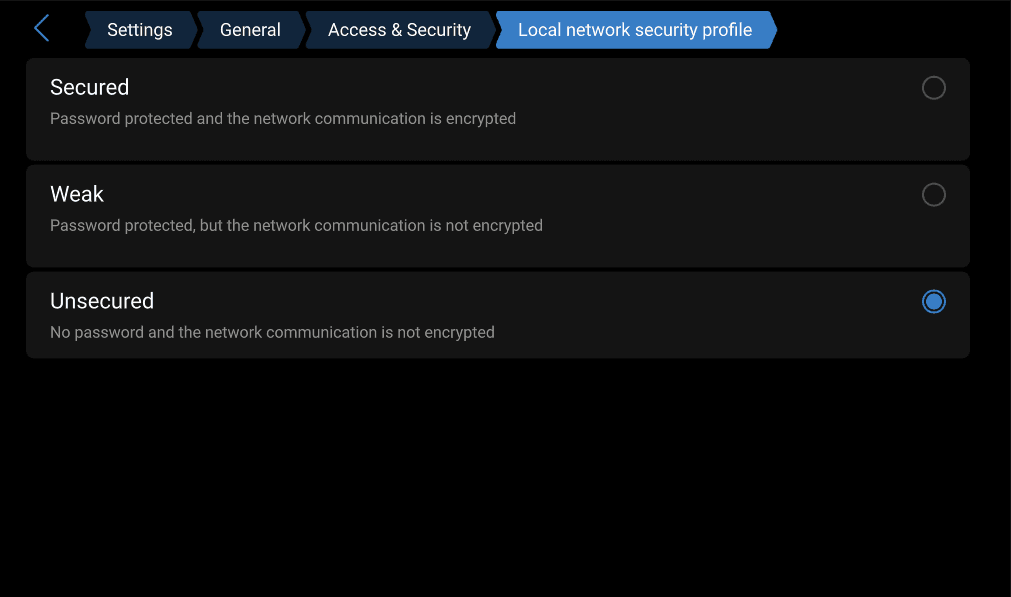 Cerbo GX local network security profiles showing Secured, Weak, and Unsecured options