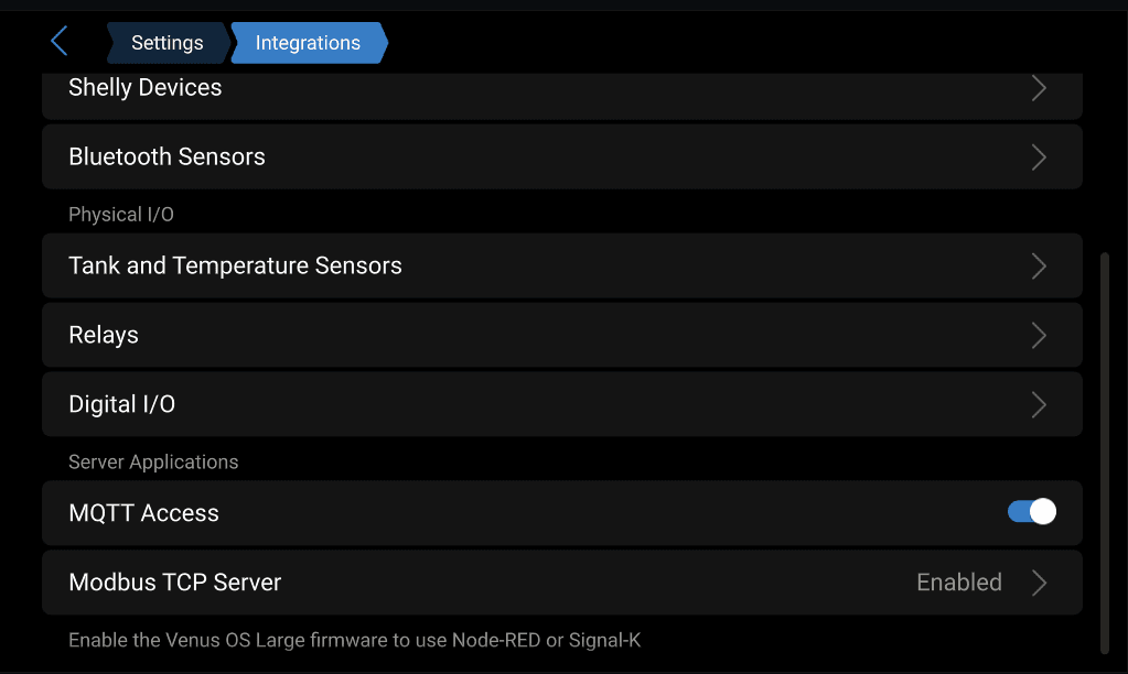Cerbo GX Settings → Integrations showing the MQTT Access toggle enabled